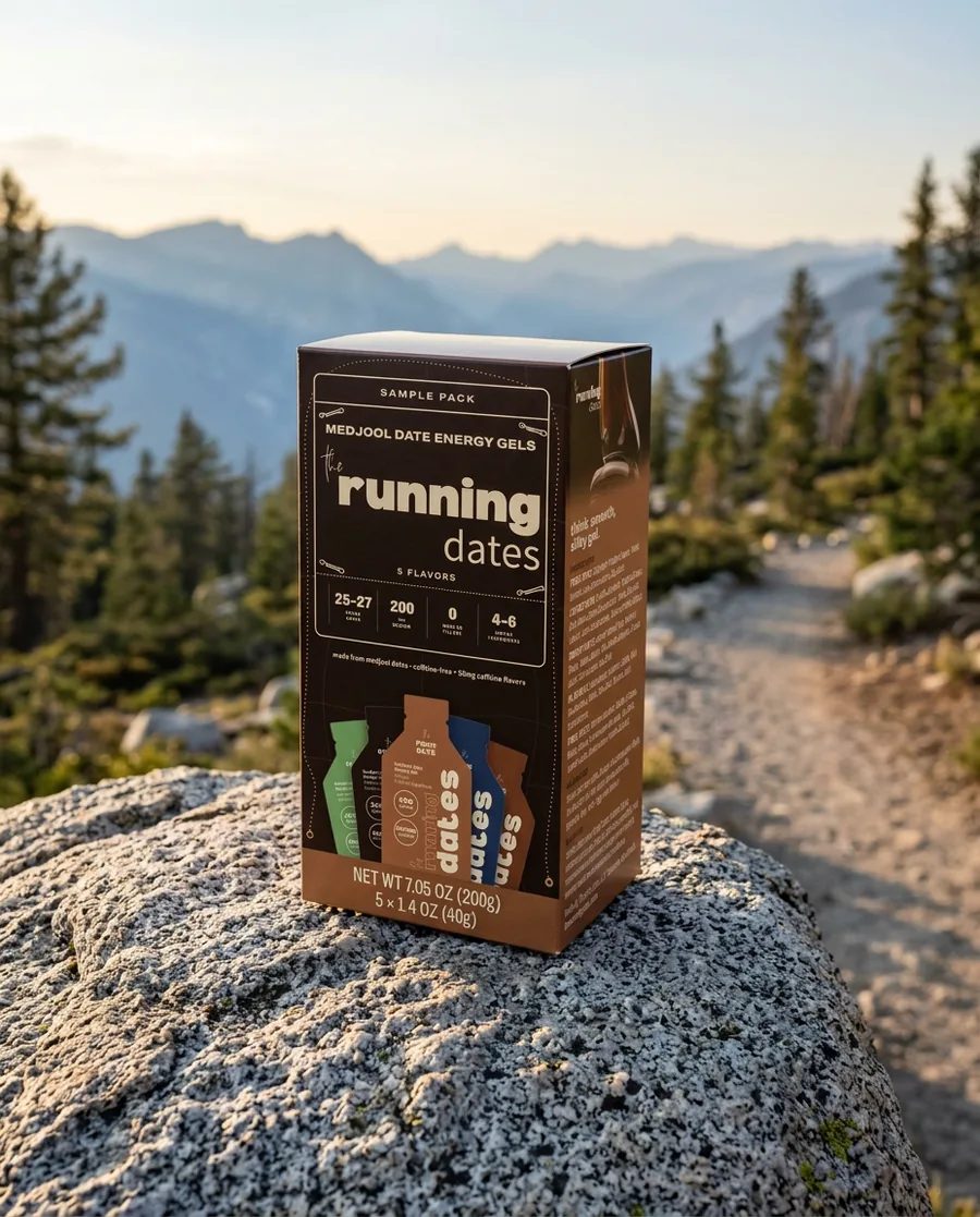 The new Batch 01 sample pack box on a granite boulder above a mountain trail