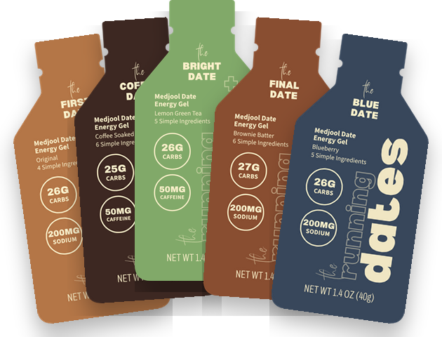 All five Running Dates gel pouches: first, coffee, bright, final and blue date